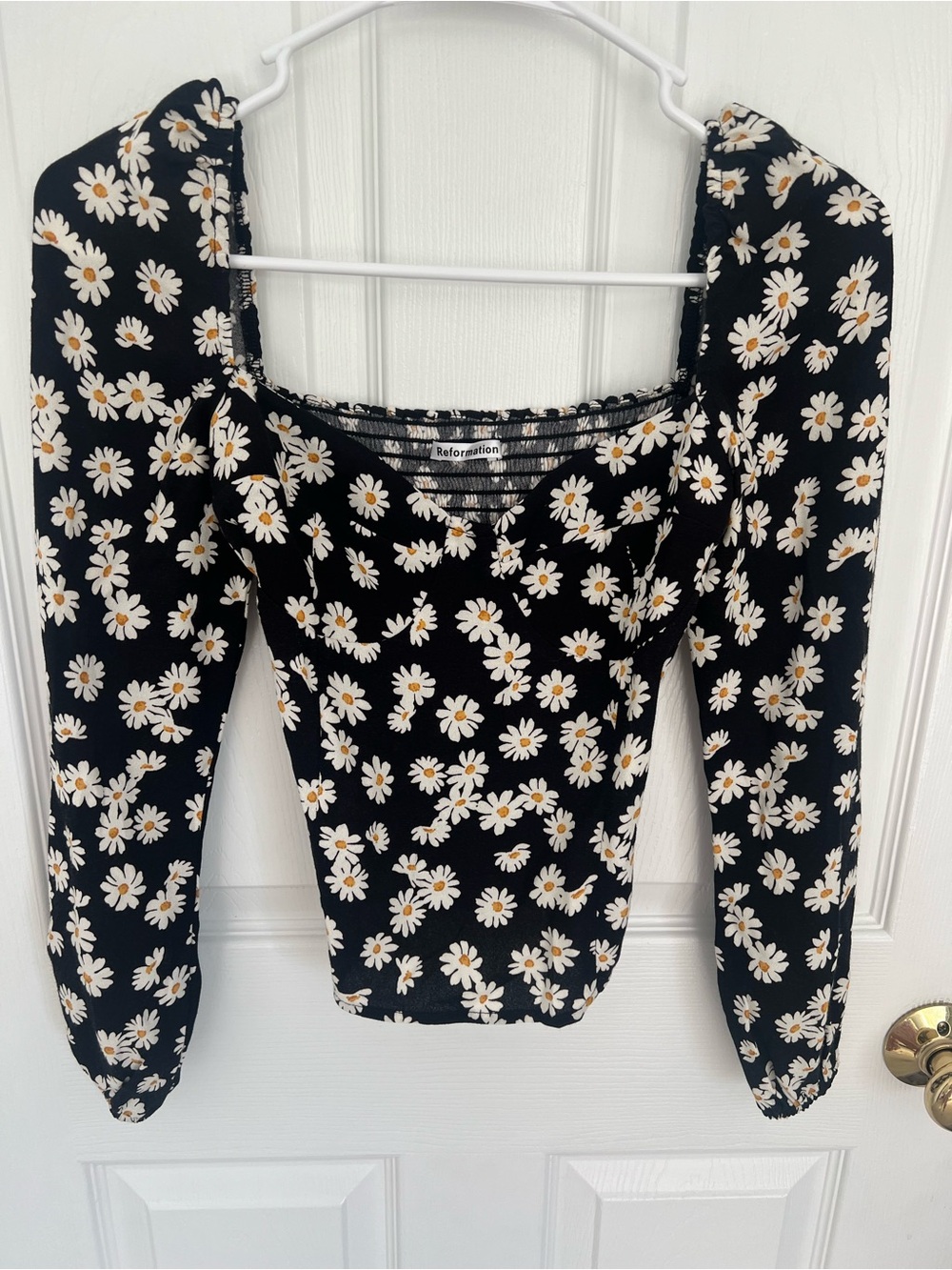 Reformation Black Daisy Square-Neck Long Sleeve Top with Puff Shoulders